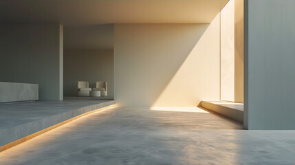 3D rendering of a minimalist interior space with a large window and two chairs in the center