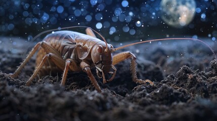 A Mole Cricket burrowing through the soil, its powerful front legs on full display, set against a background of a moonlit garden - obrazy, fototapety, plakaty