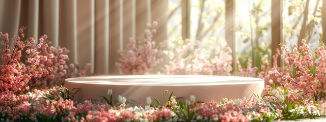 Background podium 3D spring flower product beauty pink display nature. 3D podium stand background scene floral mockup cosmetic white blossom summer abstract shadow platform minimal design render stage