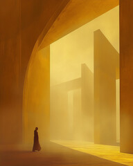 Futuristic minimalist concept art painting of a lonely figure in a vast yellow desert
