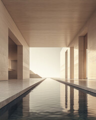 liminal space, walkway, corridor, surreal, render, 3d, beige, cream, minimal, architecture, interior, stairs, water, reflection