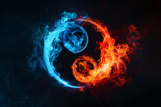Yin and yang in fiery blue and red on dark wallpaper
