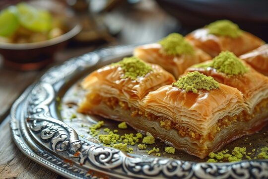 Flaky Baklava arabian dessert. Sweet sugar food. Generate Ai