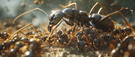 An Army Ant swarm overtaking a larger insect, demonstrating their overwhelming numbers and painful bites - obrazy, fototapety, plakaty