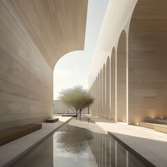 3D rendering of a minimalist courtyard with a reflecting pool, tree, and arched openings in the walls.
