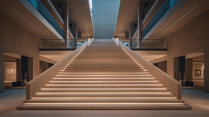 An image of a long staircase with glowing steps in a modern concrete building with large windows.