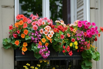 Fototapeta na wymiar Aromatic Balcony boxes flowers. Home colorful plants decorative pots. Generate Ai