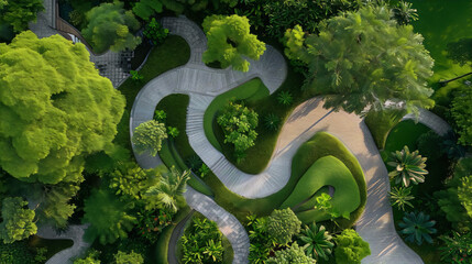lush green garden with stone pathways and various plants in a modern geometric design