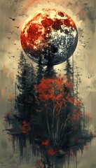 Surreal Autumnal Scene with Gigantic Moon and Birds