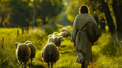 
Jesus Cristo caminhando com ovelhas  - obrazy, fototapety, plakaty