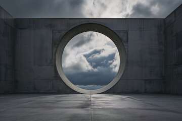 A concrete structure with a large circular opening looking out onto a cloudy sky in a minimalist architectural style with a brutal