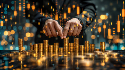 businessman standing in front of a screen with stock graphs, with stacks of money coins in front of him - 765146944