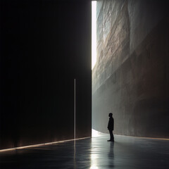 Photography of a person standing in a dark hallway with a bright light at the end of the hall.