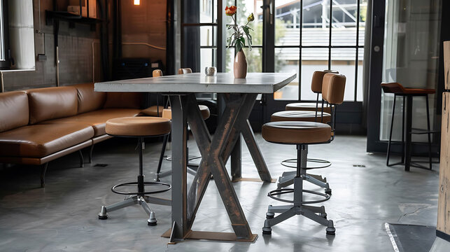 Industrial-style stools with adjustable heights, paired with a concrete dining table and a leather loveseat