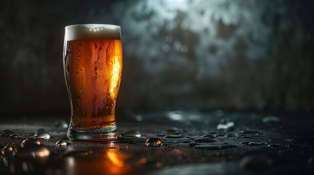 Beer glass with condensation on a textured surface with dark bokeh background. Beverage and relaxation concept. Design for bar menu, drink promotion.