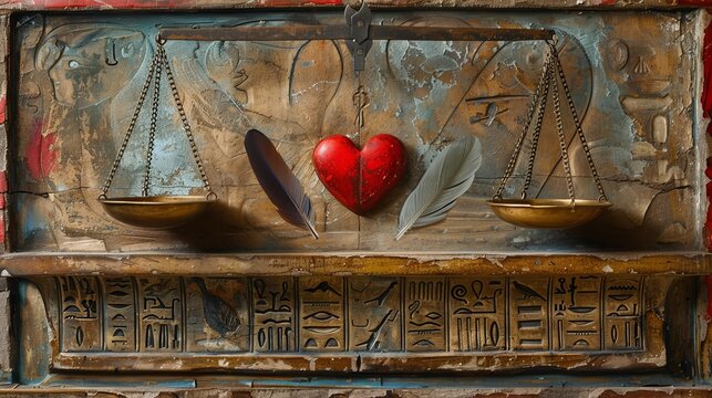 Mythical Equilibrium: Gold Scales Balancing a Heart and Feathers with Egyptian Art