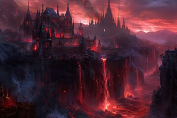Red-Hued Castle on Cliff Over Lava Falls in a Dark Fantasy Realm, the underworld - obrazy, fototapety, plakaty