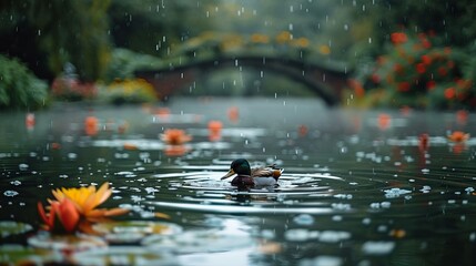 Mallard Duck in Rain on Serene Pond with Floating Flowers