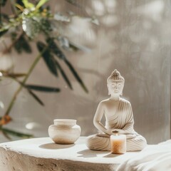 Buddha Statue with Pots and Sunlight for Wellness and Spirituality Themes