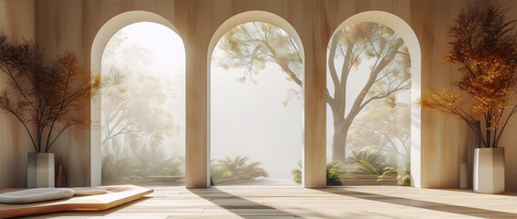 Tranquil arched room with trees and sunlight in the background, featuring neutral colors and a minimalist style.