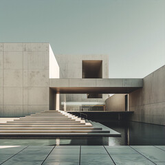 Minimalist concrete architecture with reflecting pool and staircase, bathed in soft morning light. Perfect for modern design and architecture concepts. 
