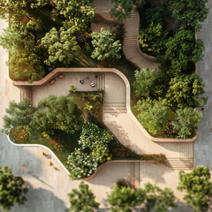 An aerial view of a lush green garden with stone pathways and a staircase, featuring a minimalist design and vibrant colors, suita