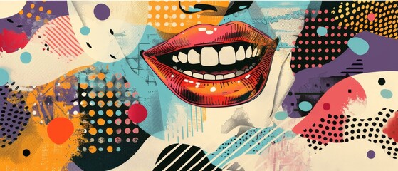 A set of halftone laughing lips with grunge elements. A collage mouth collection for banners, posters, and collages.