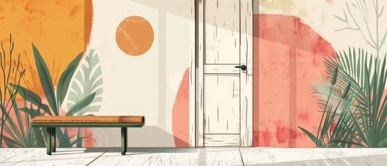 An open door leads into a hot summer landscape with a freen park tree. A door mat and green bench are in the room. A flat cartoon illustration with a textured modern background. Hallway interior with