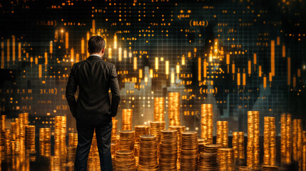 businessman standing in front of a screen with stock graphs, with stacks of money coins in front of him
