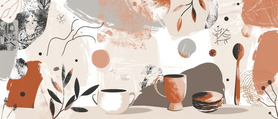 Teacup, sweeties, candy, cake, teaspoon, teapot, teabag, all elements of tea drinking. Hand drawn color cartoon flat illustration. - obrazy, fototapety, plakaty