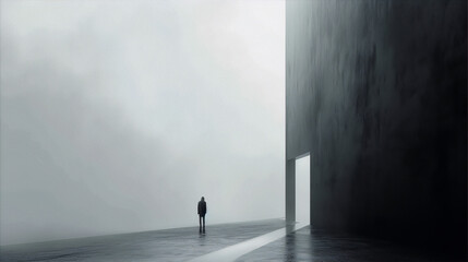 A dark figure stands in a vast, foggy, concrete structure with a glowing doorway.