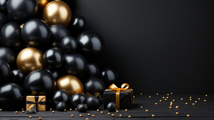 Naklejka premium Celebration black friday copy space background with black and golden presents and balloons