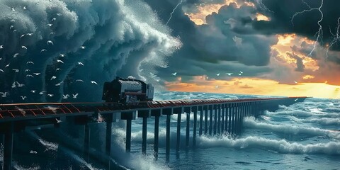 Stormy Ocean Train Journey - Digital Art of Nature's Fury, tracked bridge over an ocean, intercontinental travel - obrazy, fototapety, plakaty