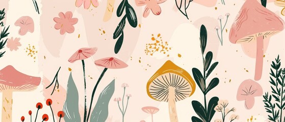 An old school retro 70s-60s hippie pattern with hippie mushrooms and flowers. Boho colors retro fly agaric and vintage daisy. Modern simle flat texture for surface design, paper, textiles. - obrazy, fototapety, plakaty
