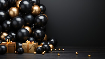 Naklejka premium Celebration black friday copy space background with black and golden presents and balloons