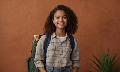 Happy pretty gen z Latin smiling girl student advertising education course. Portrait. Copy Space - AI Generated