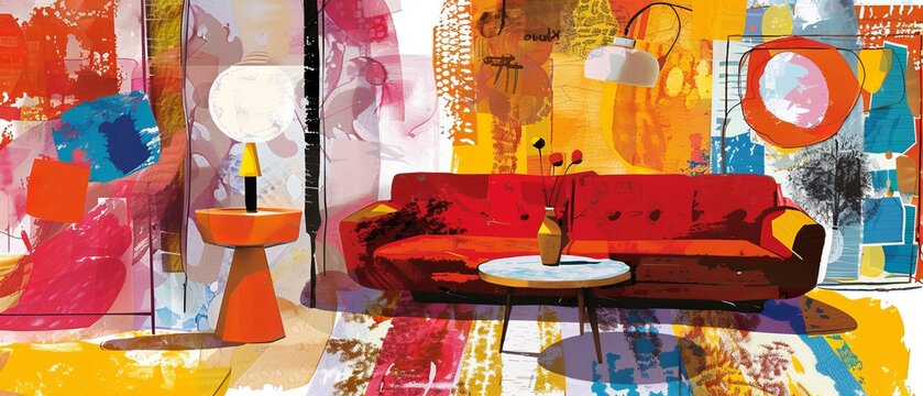 Yellow, red, and blue living room set with red sofa, nightstand, paintings, lamps, vase, carpet, porcelain set, and soft chairs. Outside autumn trees. Flat cartoon illustration.