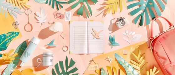 Travel packing list, planning a trip or vacation. Noteboot sheet with luggage, air tickets, passports, wallets, cameras, palm leaves. Top view Modern flat illustration. - obrazy, fototapety, plakaty