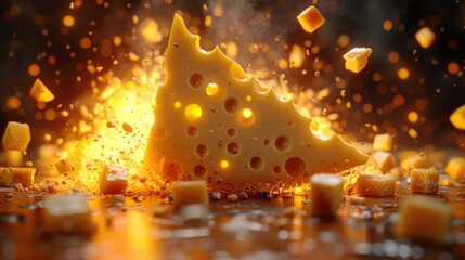 a close up of a piece of cheese on a table with many pieces of it in front of a fire.