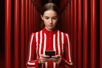 A woman in a red and white striped shirt looking at her cell phone