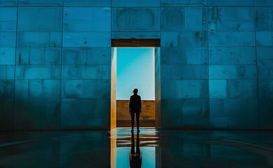 Blue-green geometric shapes and a person in a doorway with a bright background in the style of modern architecture