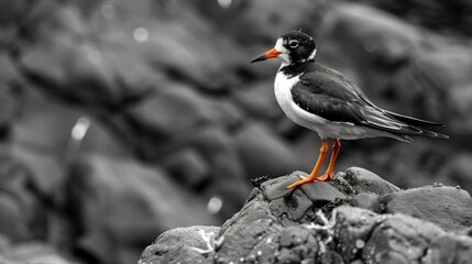 a black and white photo of a seagull standing on a rock in front of a background of rocks. - obrazy, fototapety, plakaty