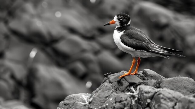 a black and white photo of a seagull standing on a rock in front of a background of rocks.