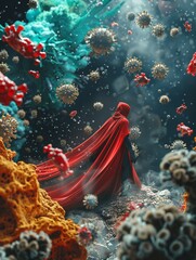 Stubborn stains on fabric facing off against germs, in a dramatic, superherostyle confrontation , 3D illustrate fantasy - obrazy, fototapety, plakaty