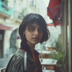 Portrait of a Young Woman in an Urban Cafe Setting