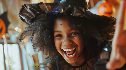 Happy young african american girl dressed as witch at halloween party. Black girl in halloween costume making scary facial expression. Close-up candid portrait of mixed race girl. AI generated