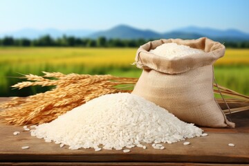 Bag of rice next to ears of wheat, ideal for agricultural concepts