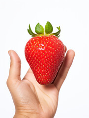 Obraz premium Holding a strawberry in his hand, against a white background сreated with Generative Ai