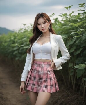 korean  woman in a skirt and jacket posing for a picture in a field of plants