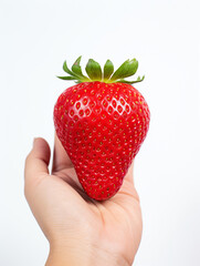 Obraz premium Holding a strawberry in his hand, against a white background сreated with Generative Ai